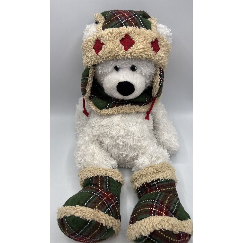 2011 Hugfun Int’l White/Green Teddy Bear Winter Hat Boots Scarf Plaid Holiday